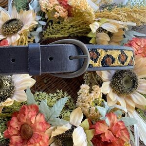 Leopard Print animal  beaded Leather Belt sz small appears to be handmade